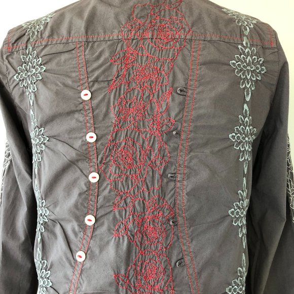 Embroidered Purple Grey Button Front Shirt - Picture 7 of 9